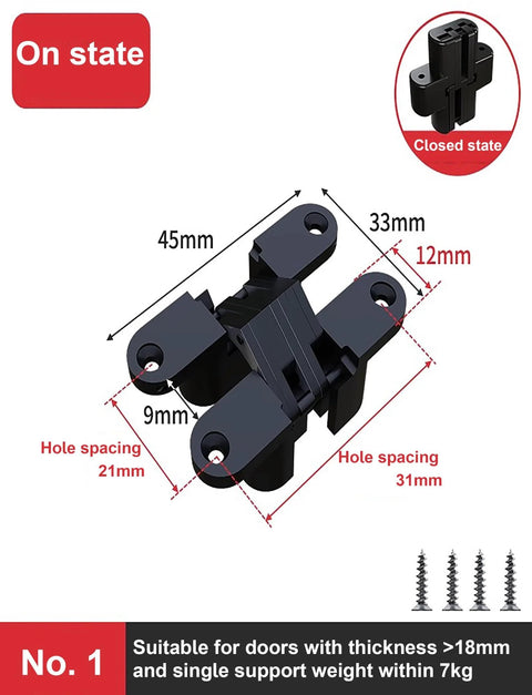 Hidden Door Hinges 2 Pieces Invisible Cross Hinges 180 Degree Opening For Kitchen Cabinets Zinc Alloy Concealed Cabinet Hinges With Stainless Steel Bearing Links For Smooth Silent Operation, dimensions shown, on state.