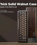 Built Different 65 Percent Wireless Mechanical Keyboard Featuring Solid Walnut Wood Shell And Hot Swap Switches For Sick Desk Setups And Smooth Gaming Sessions With Dope Rgb Lighting showing thick walnut case and keys.