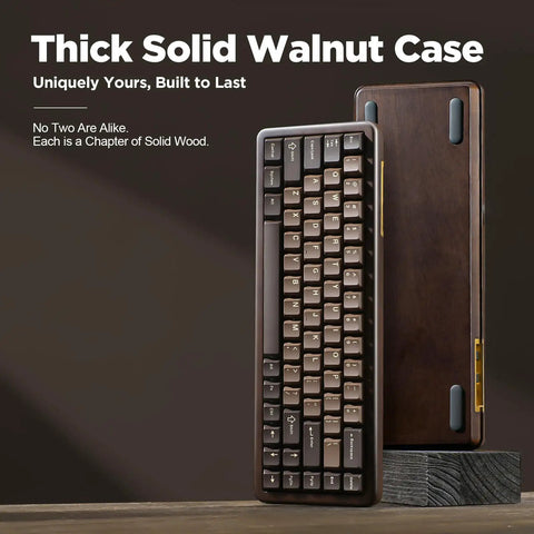 Built Different 65 Percent Wireless Mechanical Keyboard Featuring Solid Walnut Wood Shell And Hot Swap Switches For Sick Desk Setups And Smooth Gaming Sessions With Dope Rgb Lighting showing thick walnut case and keys.