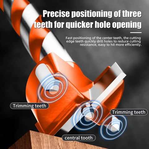 Blast Through Solid Wood Without BreakingASweat With This Knockout Forstner Drill Bit Set showing precise positioning of three teeth for drilling.