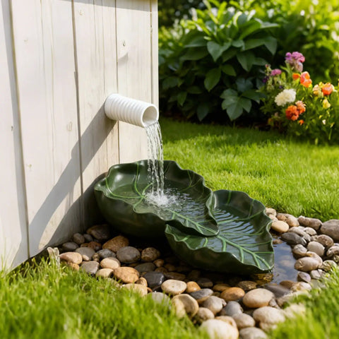 Dual Leaf Decorative Splash Block And Gutter Downspout Rain Diverter Extension For Lawn Patio Yard Garden Heavy Duty Weatherproof No Hassle backyard kickback to shield foundation smooth water flow with downspout and stones.