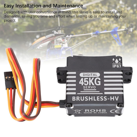 Hardcore Brushless Servo Featuring Heavy Duty Metal Gears And Aluminum Body 45Kg Torque No Sweat Performance Compact Fit For Rc Cars Trucks And Off Road Rigs, showing connected wires and digital display.