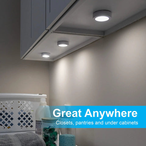 Under Cabinet LED Puck Lights Wireless Battery Operated Touch Activated Stick On Lighting installed under kitchen cabinet, bright white