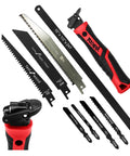 All In One 8 In 1 Hand Saw With Quick Change Blades For Drywall Sheetrock Wood Metal Plastic Plywood Includes Hacksaw Jab Saw Long Blade And Lockback Mechanism Red Non Slip Handle with various blades.