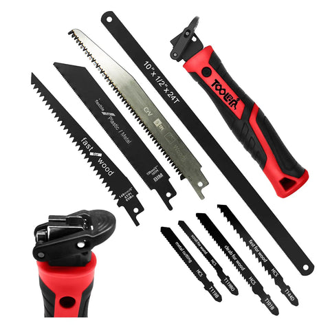 All In One 8 In 1 Hand Saw With Quick Change Blades For Drywall Sheetrock Wood Metal Plastic Plywood Includes Hacksaw Jab Saw Long Blade And Lockback Mechanism Red Non Slip Handle with various blades.