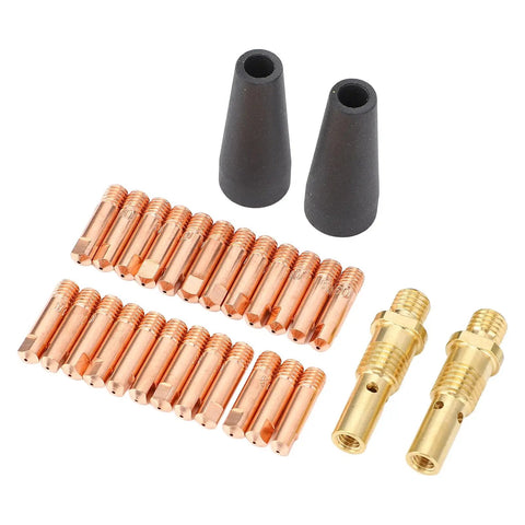 All In One MIG Welding Kit With 24 Tips 2 Flux Core Nozzles 2 Gas Diffusers Premium Copper Brass Teflon Parts 28 Piece Set For Eastwood Weld Pak Welders And Magnum 100L Built For Pro Grade Performance And Easy DIY Welding with copper tips and brass diffusers.