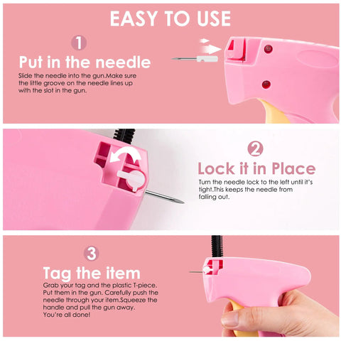 Instructions for using Handheld Stitch Gun For Quick Clothing Repairs, Mini Sewing Kit With Micro Tagging Gun, in pink details.