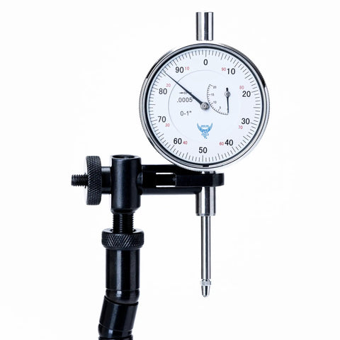 Heavy Duty Magnetic Base With Flexible Gooseneck Arm For Dial Indicators Test Indicators Bore Gauges And Machinist Tools 176 Pound Holding Force Fits Pro Grade Three Eighths Inch Stems And Dovetails Adjustable Stand showing dial indicator setup