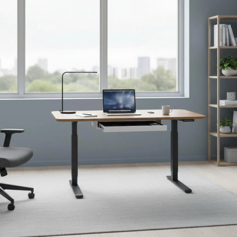 No Sweat Heavy Duty Pull Out Under Desk Drawer, Slick Low Profile Desk Organizer And Commercial Grade Steel Storage Bin, Slides Right Into 30 Inch Deep Adjustable Desks, Office Setup with desk and laptop.