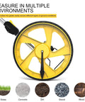 Measuring Wheel For Feet And Inches With Mechanical Double Collapsible Design showing yellow wheel and ground type options