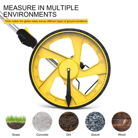 Measuring Wheel For Feet And Inches With Mechanical Double Collapsible Design showing yellow wheel and ground type options