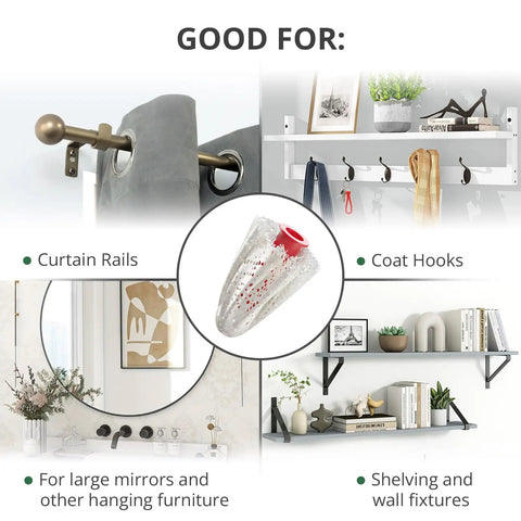 Anchor Patch Kit For Drywall And Plaster - 20 Patches In Two Sizes, shown securing curtain rails, coat hooks, mirrors, shelves.