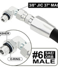 Close-up of Five Pack 3/8 Inch Hydraulic Hose Fittings 90 Degree Elbow JIC to SAE ORB Male with O-ring and washer.