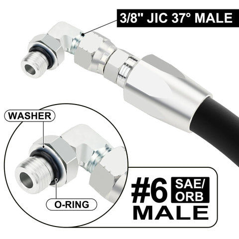 Close-up of Five Pack 3/8 Inch Hydraulic Hose Fittings 90 Degree Elbow JIC to SAE ORB Male with O-ring and washer.