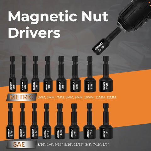 17 Piece Magnetic Nut Driver Set for SAE and Metric, Premium Impact Hex Nut Driver Drill Bit Master Kit with labeled sizes.
