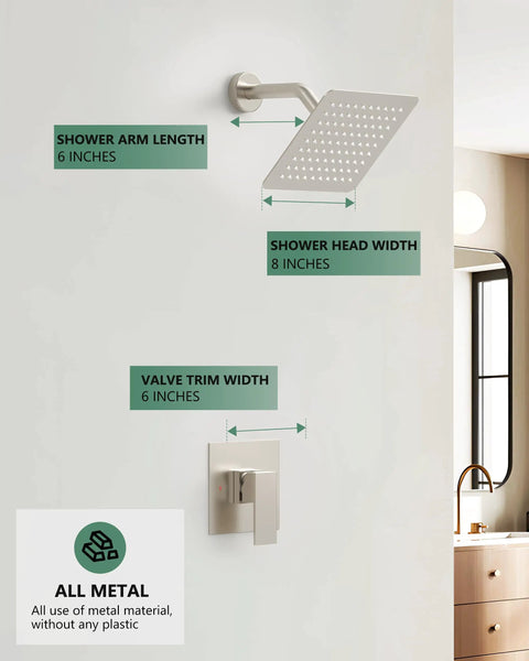 Metal Fixed Showerhead Set With Wall Mounted Rainfall Shower Head And Handheld Sprayer In Brushed Nickel Finish, 6 inch arm