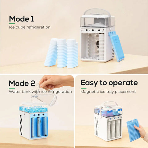 4 In 1 Portable Evaporative Air Cooler With App Control, Rechargeable Mini AC, 800ml Water Tank detail of ice refrigeration modes