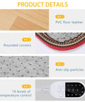 Product details of Cozy Foot Warmer Heated Floor Mat with PVC leather, rounded corners, anti-slip particles, and 10 temperature settings.