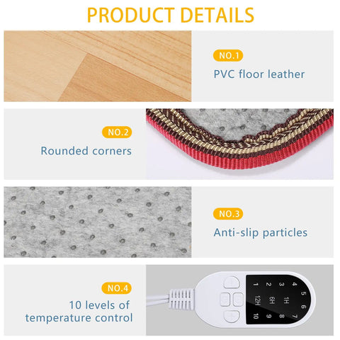 Product details of Cozy Foot Warmer Heated Floor Mat with PVC leather, rounded corners, anti-slip particles, and 10 temperature settings.