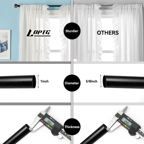 Rustic Wood Curtain Rod With Heavy Duty Adjustable Length 1 Inch Diameter Drapery Rod Featuring Faux Wood Grain Finials Built To Last In Matte Black Walnut Modern Luxe Farmhouse Style Vibe For 36 To 88 Inch Windows, 1-inch black rod size comparison