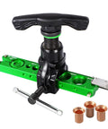 Bonvoisin Flaring Tool, front view, 1/4–3/4 in, green base, black handle, includes three copper fittings.