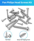 Bulk Stainless Steel Wood Screws Set, 550 Piece Assortment With Phillips Pan Head Self Tapping Screws scattered on white background
