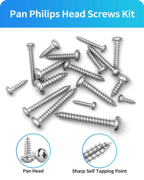 Bulk Stainless Steel Wood Screws Set, 550 Piece Assortment With Phillips Pan Head Self Tapping Screws scattered on white background