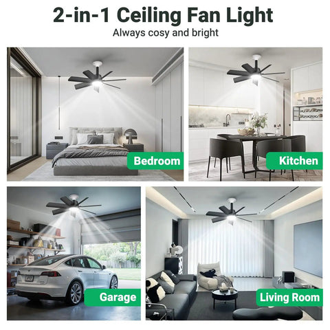 Two In One Socket Fan Light With Remote, 28 Inch Ceiling Fan Delivers 4000 Lumens, 3000K To 6500K Color Temperature, Three Color Options, Six Speeds, Fits E26 And E27 Bases, Screw In Ceiling Fan For Living Room And Kitchen, Black installed in various rooms