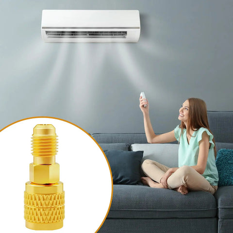 Hella Durable R32 R454B Refrigerant Brass Adapter Featuring 1/4 Inch Internal Reverse Thread and Nonslip Handle Connector for No Hassle Split AC Work Tools.