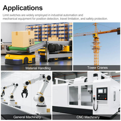 Applications of Adjustable Roller Plunger Limit Switch in CNC machinery, tower cranes, material handling, and general machinery.