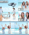 Family on beach with camera drone capturing 1080P FPV, showing video and photo capabilities of kids laughing and playing