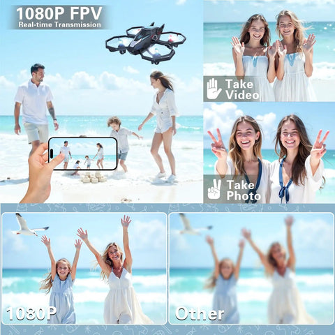 Family on beach with camera drone capturing 1080P FPV, showing video and photo capabilities of kids laughing and playing