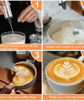 Rechargeable USB C Milk Frother With Stand, Handheld Wand With 3 Heads And 3 Speeds For Latte Cappuccino Matcha Almond Milk And More shown frothing milk, whisking to create latte art, and serving in cup.