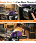 Badass Bench Mower Blade Sharpener With Slick Ceramic Grinding Wheel And Rock Solid 750 Watt Motor For High Low Lift Flat And Gator Blades That Deliver Knockout Sharpness On Every Single Pass, showcasing blade sharpening steps.