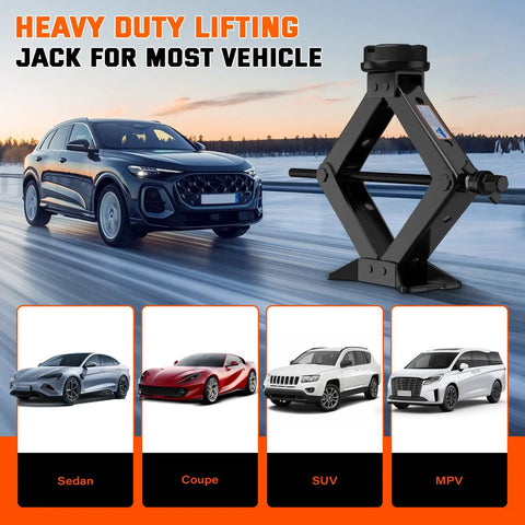Heavy Duty Scissor Jack Serving Up 3 Ton Lift Capacity With Slick Non Slip Platform For No Sweat Tire Rotations Portable Auto Repair Kit Includes Lug Wrench For Cars Trucks Suvs next to vehicles.