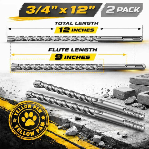 Front view of 2-pack 3/4-inch SDS Plus masonry drill bits, 12-inch total length, carbide tipped for concrete and brick