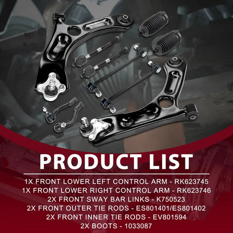 Frenzybro Front Lower Control Arm Kit Full 10 Piece Suspension Set With Ball Joints Sway Bar Links And Tie Rods For Smooth Ride Plus Oem Replacement Parts Compatibility. Front suspension kit parts layout