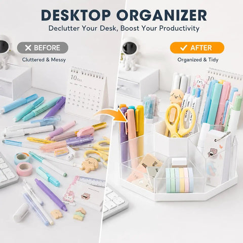 Spin It Desk Organizer With 360 Degree Rotation Nine Removable Compartments Detachable Pencil Holder on a tidy desk