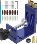 Pocket Hole Jig Kit With Adjustable Punch Locator And 15 Degree Drill Guide for precise DIY woodworking, blue metal body