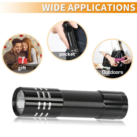 6 Pack LED Aluminum Mini USB C Rechargeable Handheld Flashlights showing wide applications: pocket, gift, outdoors.