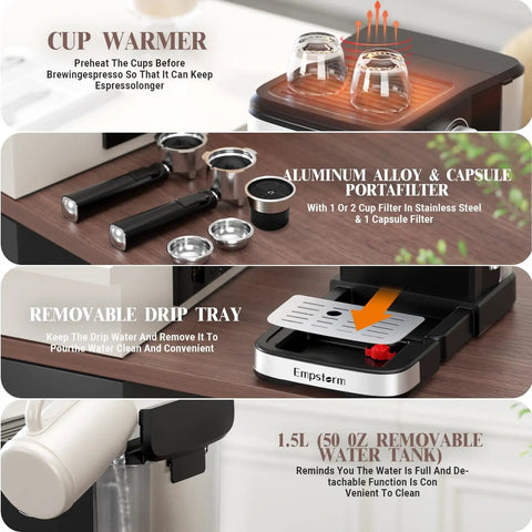 Top Shelf 20 Bar Espresso Machine With Integrated Milk Frother And Steam Wand Heavy Duty 1100 Watt Stainless Steel Coffee Maker with cup warmer, drip tray, and portafilters.