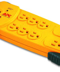 Workshop SurgeArrest Beefy Eight Outlet Surge Protector With Audible Alarm And Per Phase LED Status. Yellow and black design.
