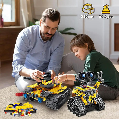 Child and adult building Epic 5 In 1 Robot Building Kit For Kids With 520 Pieces, App Controlled And Remote, Wall Robot on carpet.