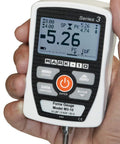 M3 100 Series Digital Force Gauge With 100 Pound Force Capacity, Ultra Compact Design, Pro Grade High Speed 2000 Hz Sampling, Accuracy Within Three Tenths Of One Percent, USB Output, Reversible Housing And Display For Easy On The Go Measurements. handheld digital force gauge display in hand