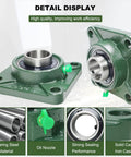 Pro Grade Ucf21032 Pillow Block Bearings Two Pack Square Flange Four Bolt Bearing Steel With Two Inch Bore close-up of durable bearing with green casing.