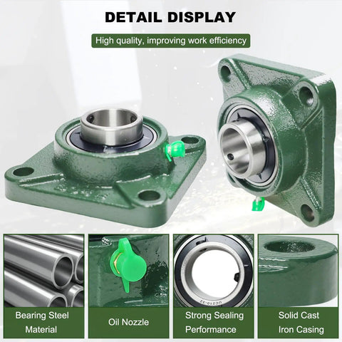 Pro Grade Ucf21032 Pillow Block Bearings Two Pack Square Flange Four Bolt Bearing Steel With Two Inch Bore close-up of durable bearing with green casing.