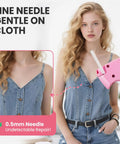 Upgraded Handheld Stitch Gun For Quick Clothing Fixes Smart Tagging Tool in action on denim fabric with 0.5mm needle.
