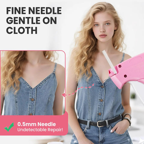 Upgraded Handheld Stitch Gun For Quick Clothing Fixes Smart Tagging Tool in action on denim fabric with 0.5mm needle.