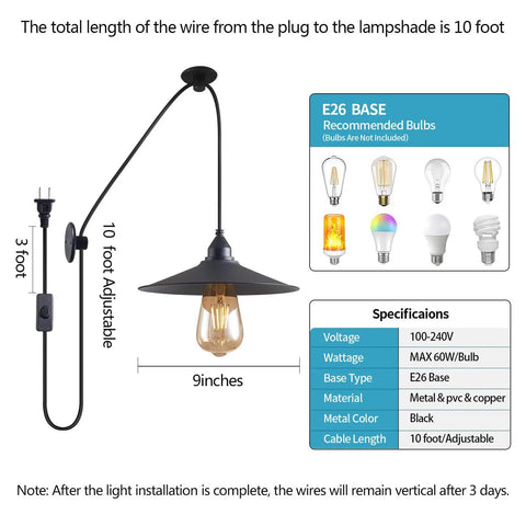 No Fuss Easy Plug In Cord Outdoor Hanging Lamp For Patio Waterproof Pendant Light with 10 ft adjustable cable, E26 base