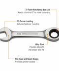 14 Piece 12 Point Stubby Ratcheting Wrench Set With SAE And Metric Sizes, showing 7/16 wrench with thin head in alloy steel.